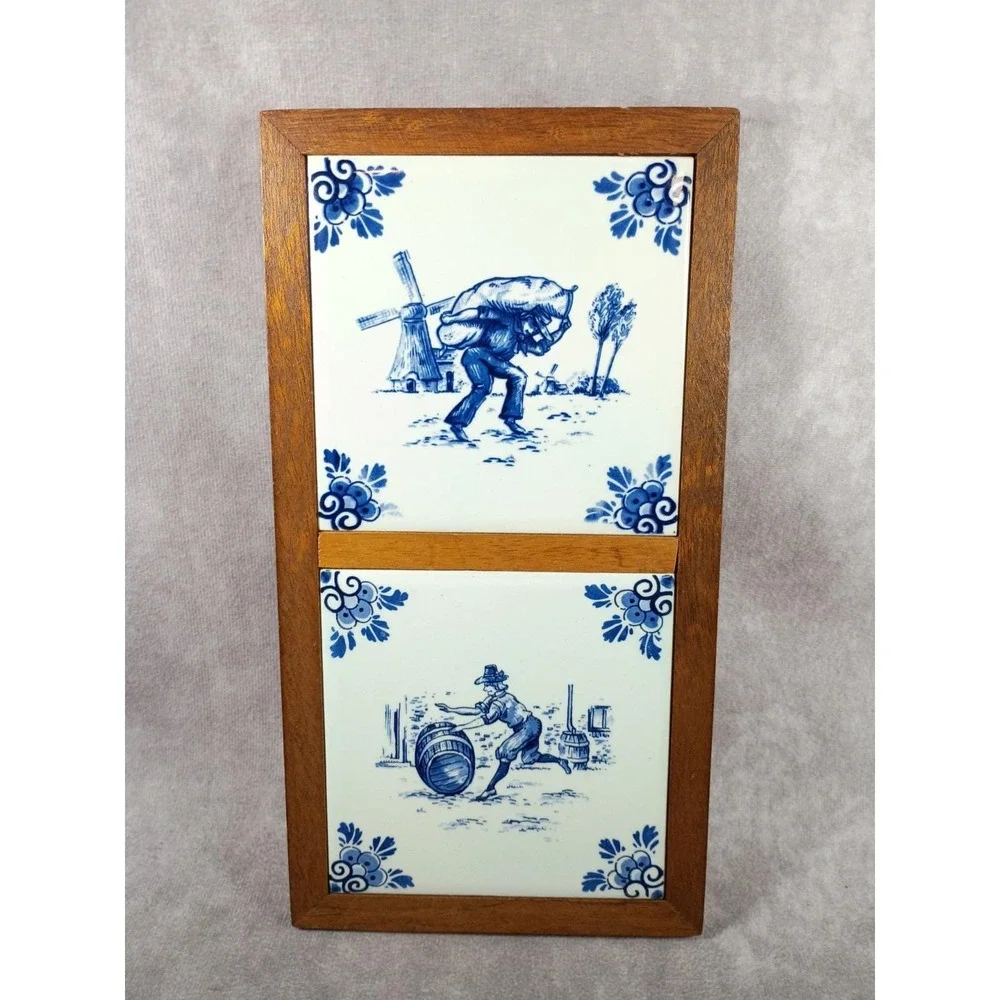 Vintage Delft Hand-painted Tiles Cased Wood 10